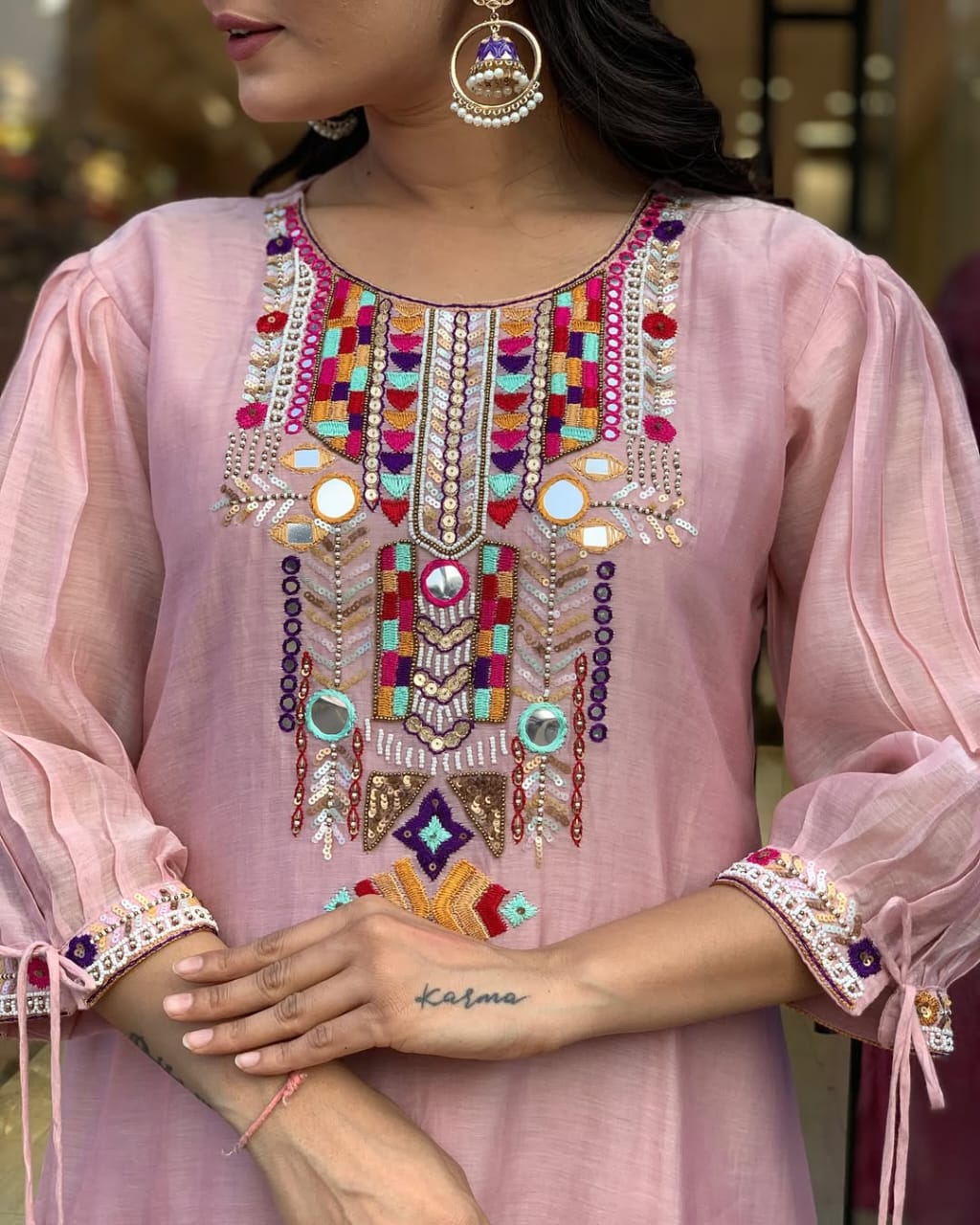 Pink Slub Kurta Pant with Dupatta Set