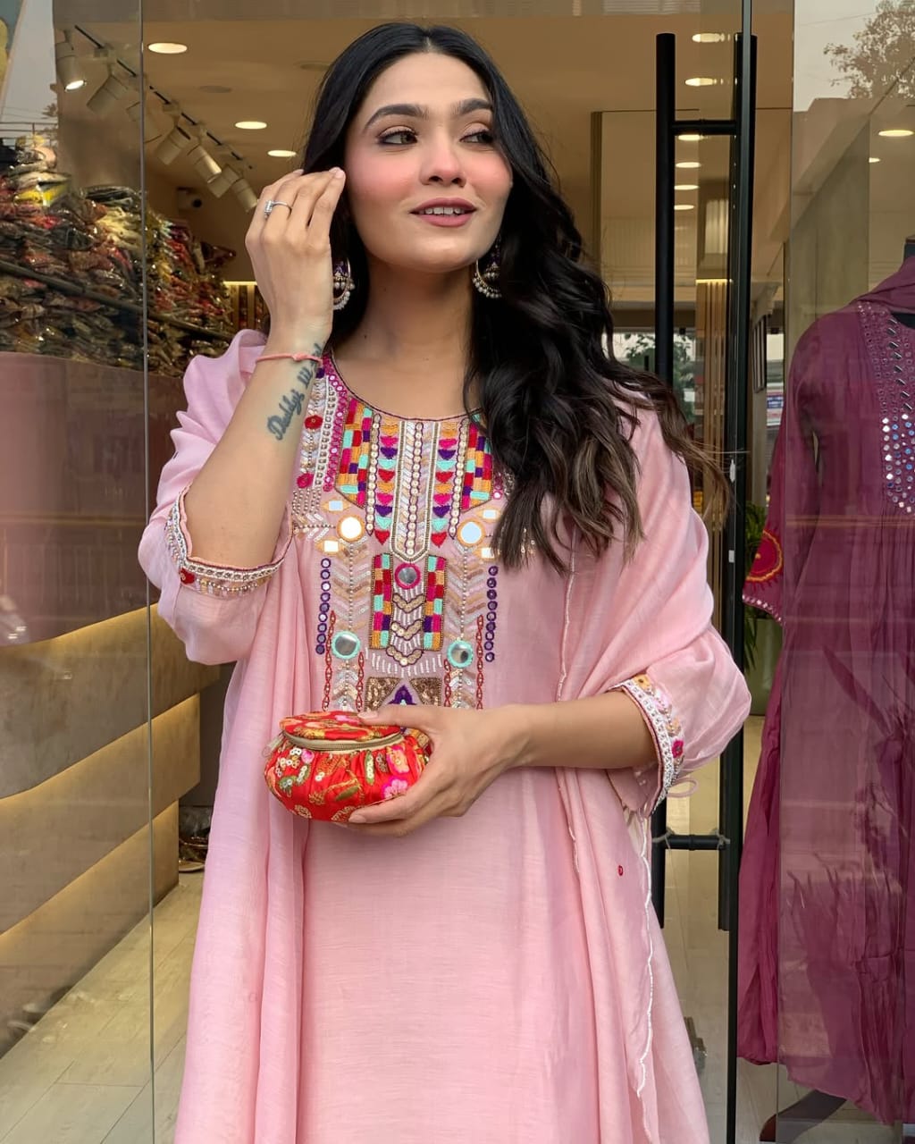 Pink Slub Kurta Pant with Dupatta Set