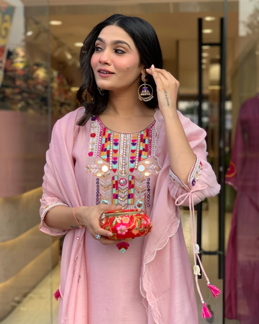 Pink Slub Kurta Pant with Dupatta Set