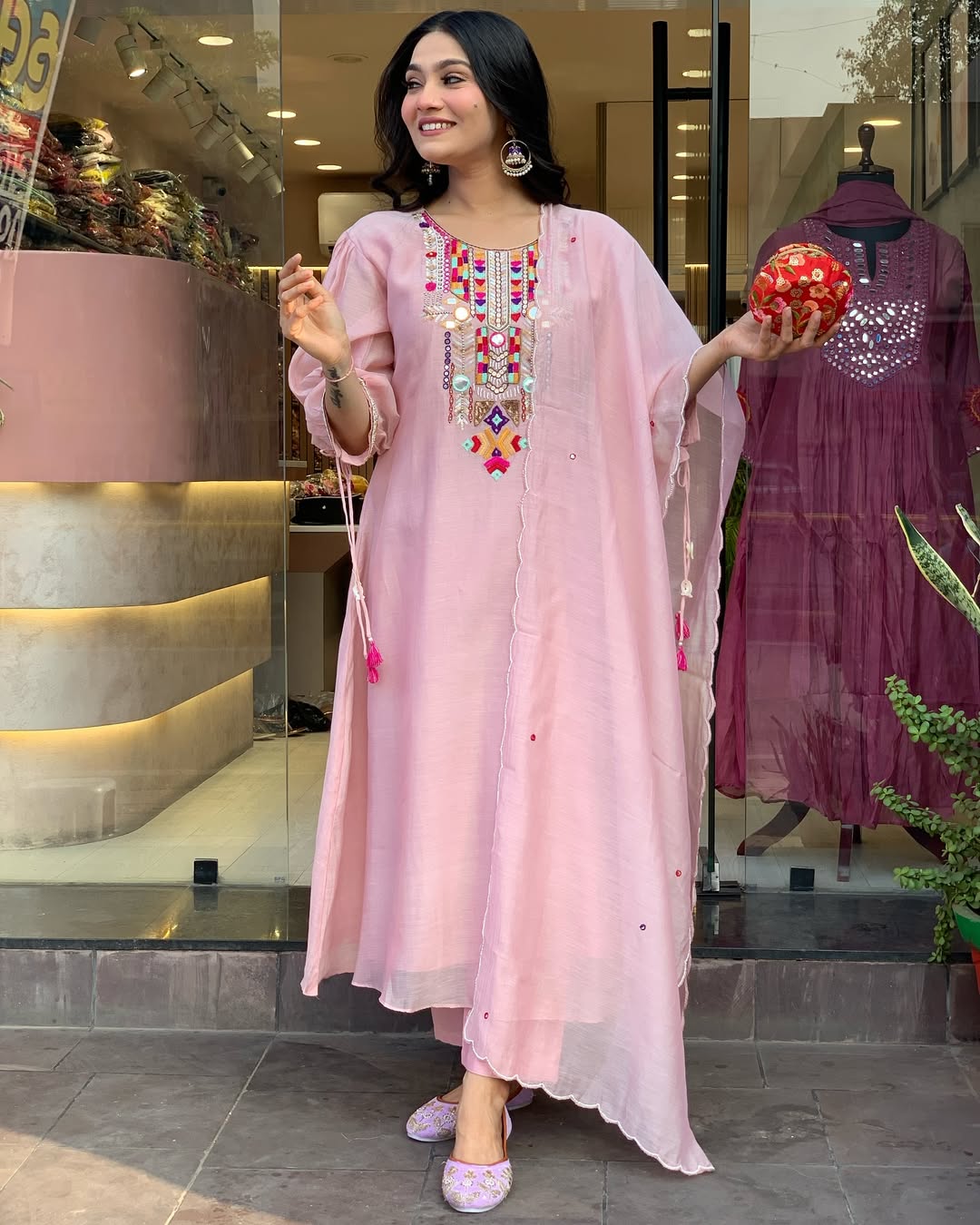 Pink Slub Kurta Pant with Dupatta Set