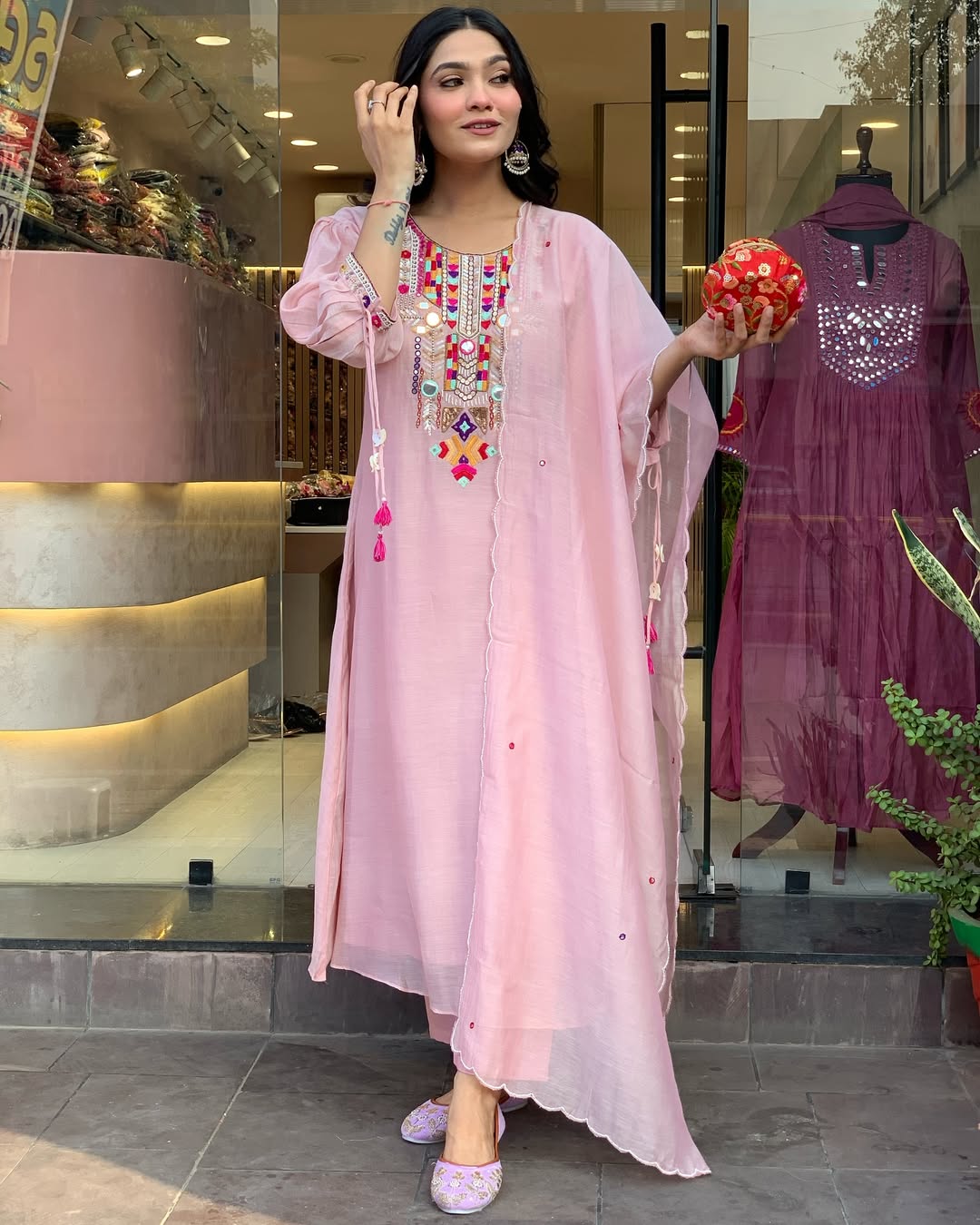 Pink Slub Kurta Pant with Dupatta Set