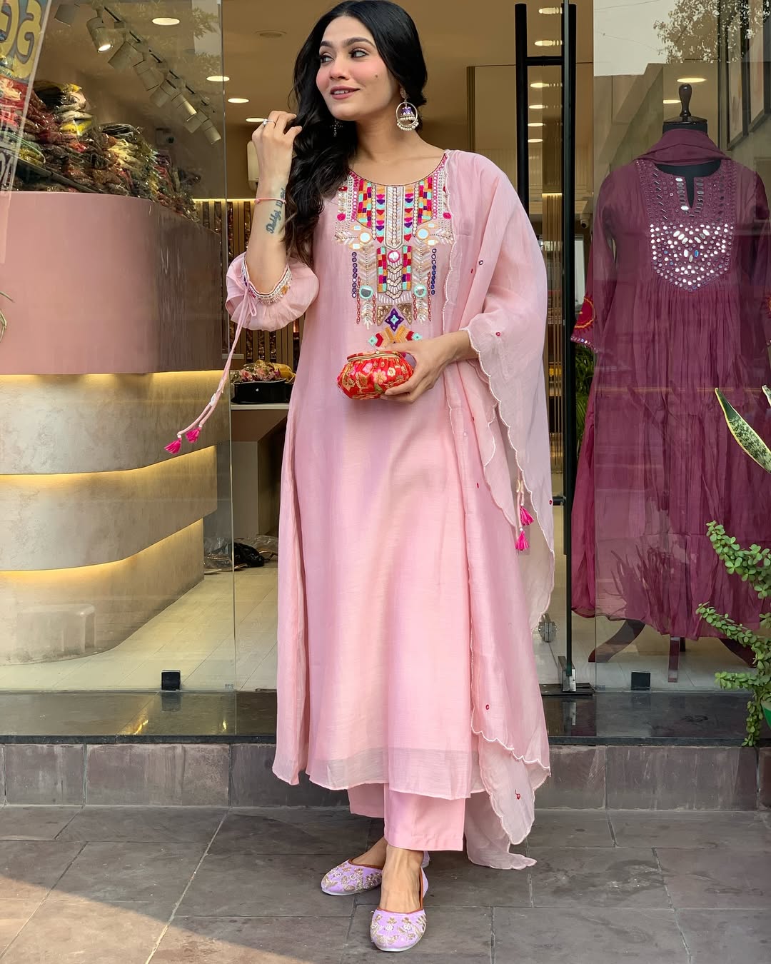 Pink Slub Kurta Pant with Dupatta Set