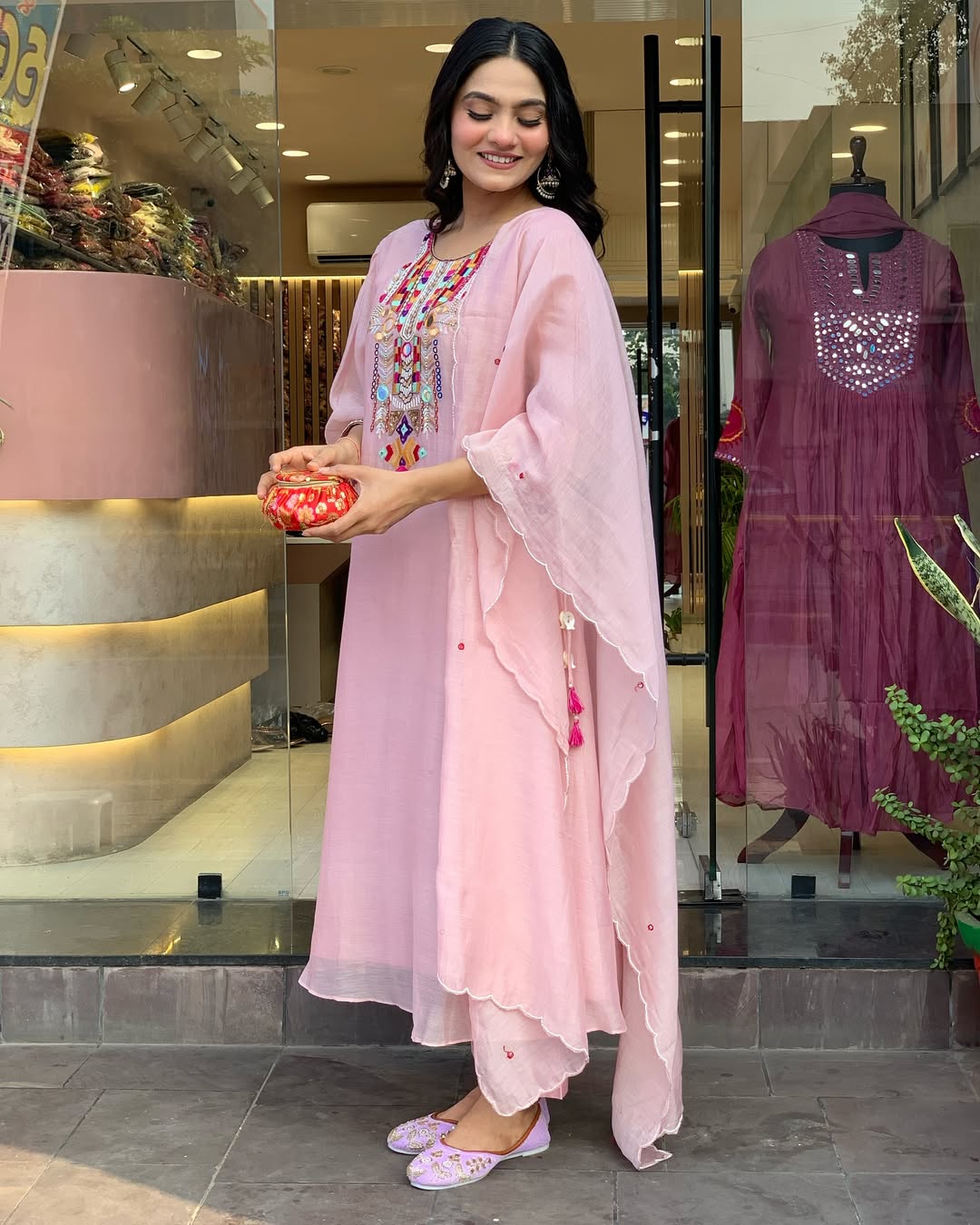 Pink Slub Kurta Pant with Dupatta Set