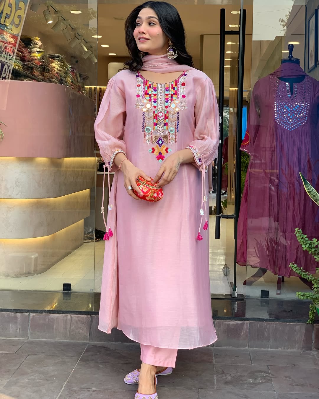Pink Slub Kurta Pant with Dupatta Set