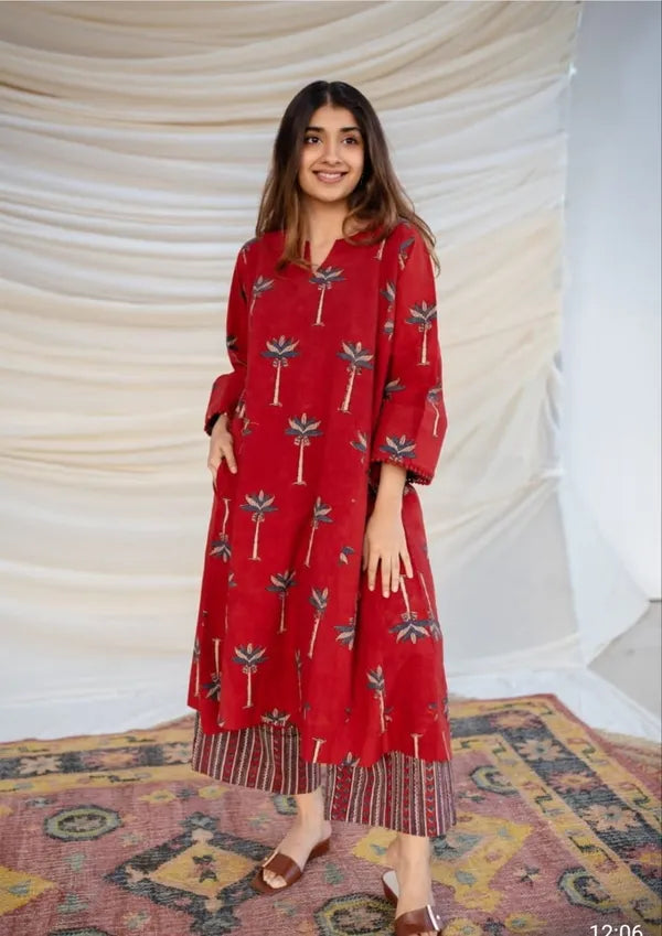 Red Pure Cotton New Printed Kurta Pant Set