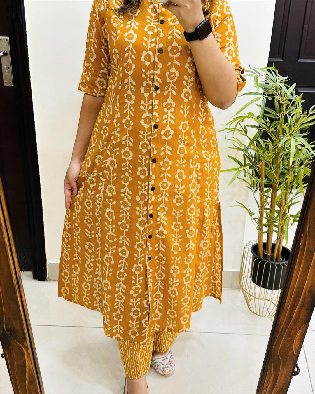Pure Cotton New Printed Kurta Pant Set Yellow