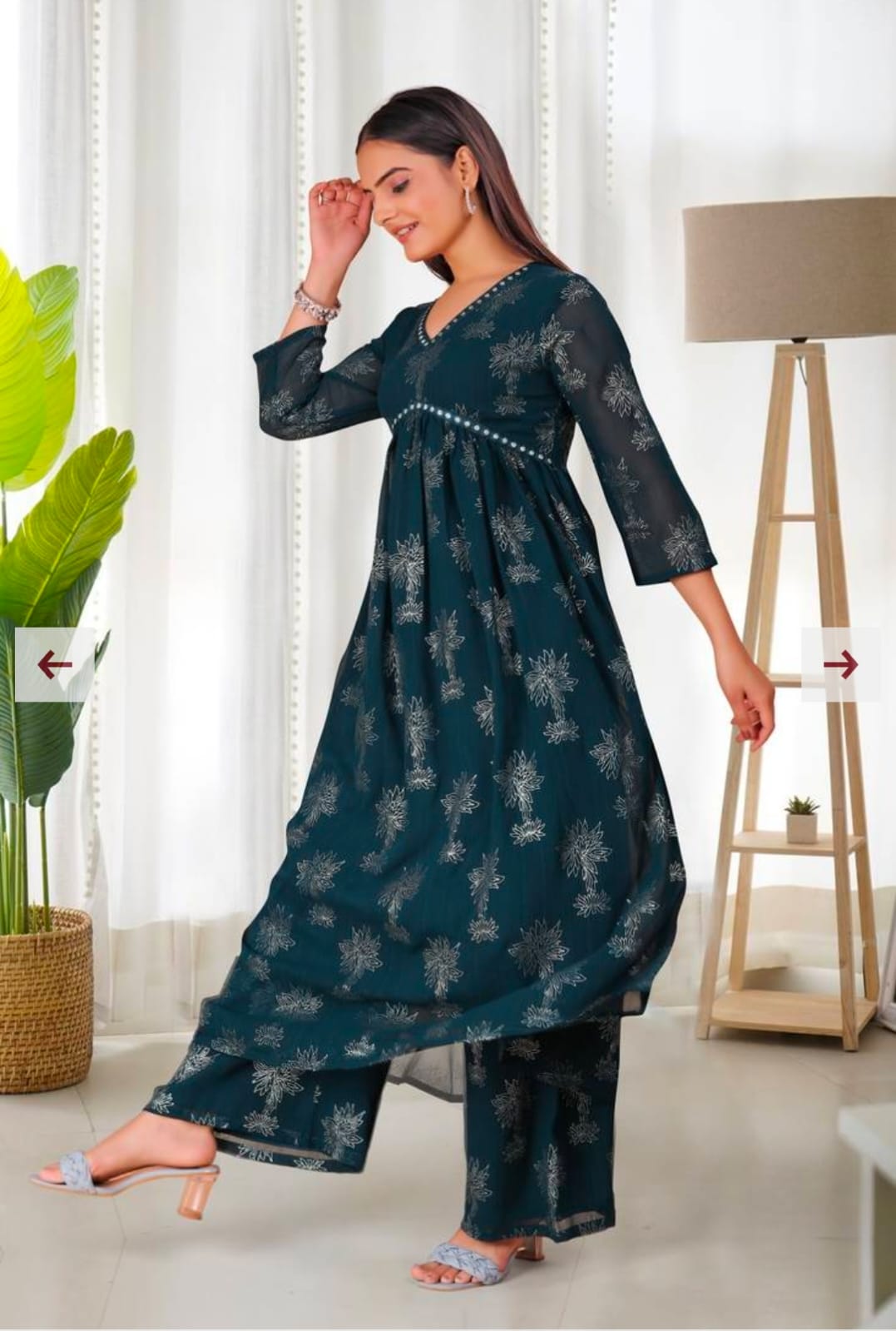Rayon Bottle Green Printed Aliya Cut Kurta Pant Set