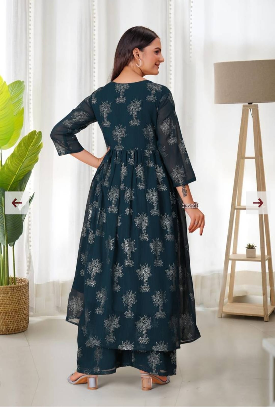 Rayon Bottle Green Printed Aliya Cut Kurta Pant Set