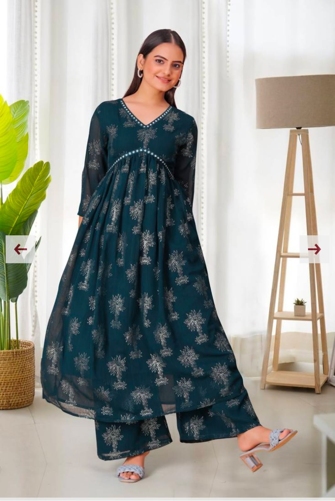 Rayon Bottle Green Printed Aliya Cut Kurta Pant Set