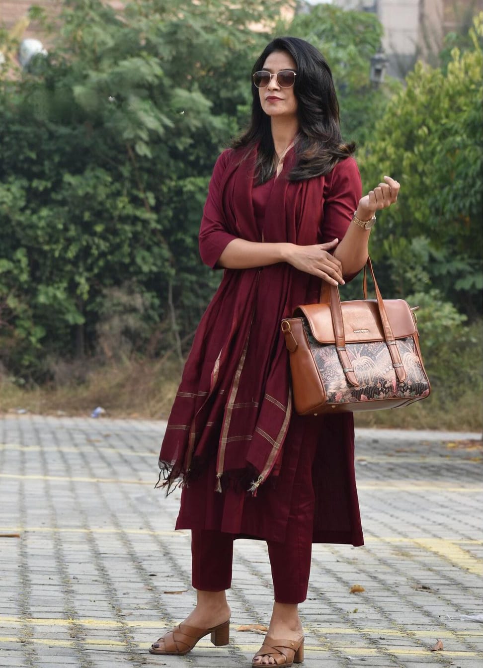 Premium Cotton Maroon Kurta Pant With Dupatta Set