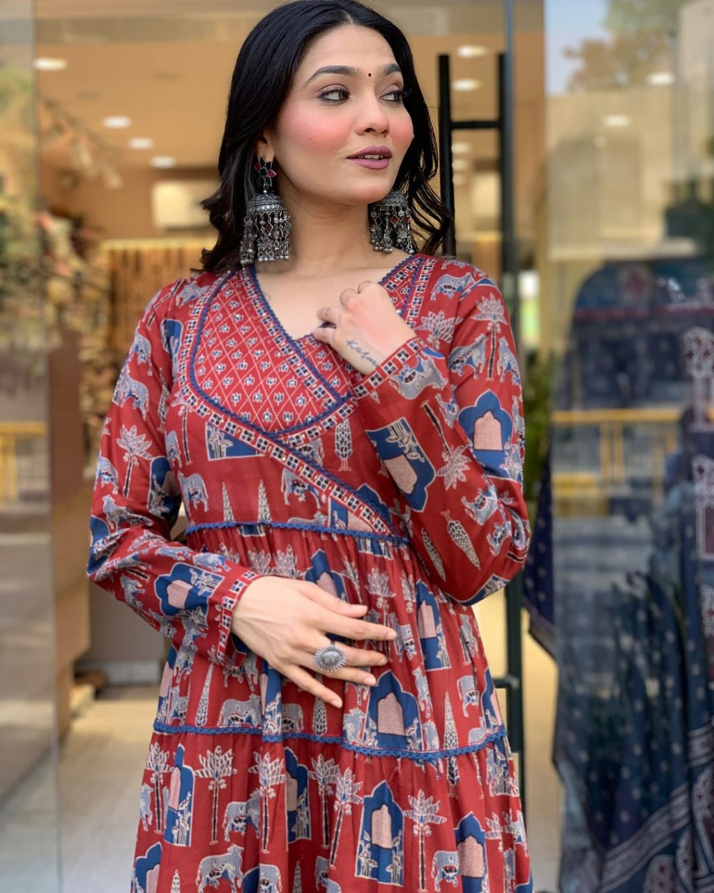 Pure Cotton Anarkali Kurta Pant And Dupatta Set Red