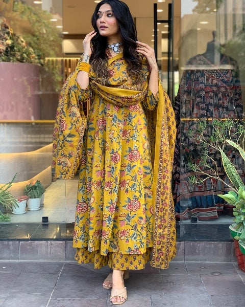 Cotton New Designer Kurta Pant And Dupatta Set Yellow