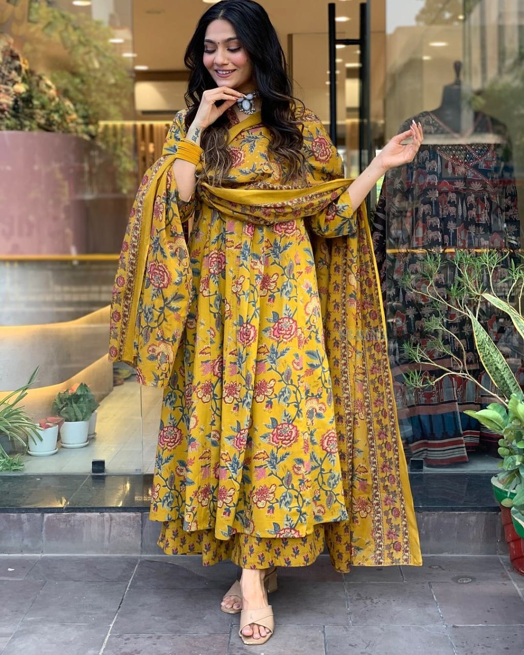 Cotton New Designer Kurta Pant And Dupatta Set Yellow