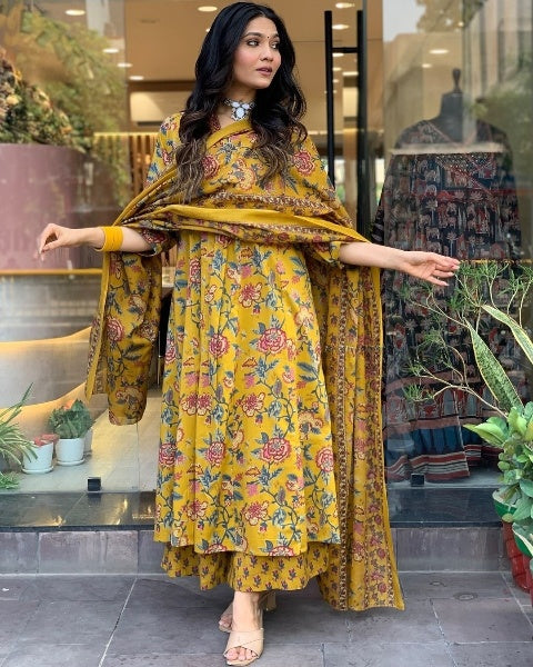 Cotton New Designer Kurta Pant And Dupatta Set Yellow
