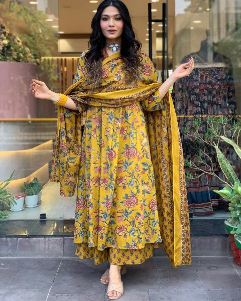 Cotton New Designer Kurta Pant And Dupatta Set Yellow