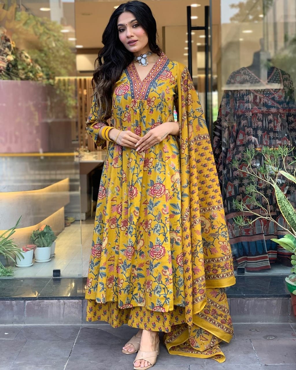 Cotton New Designer Kurta Pant And Dupatta Set Yellow