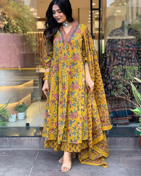 Cotton New Designer Kurta Pant And Dupatta Set Yellow