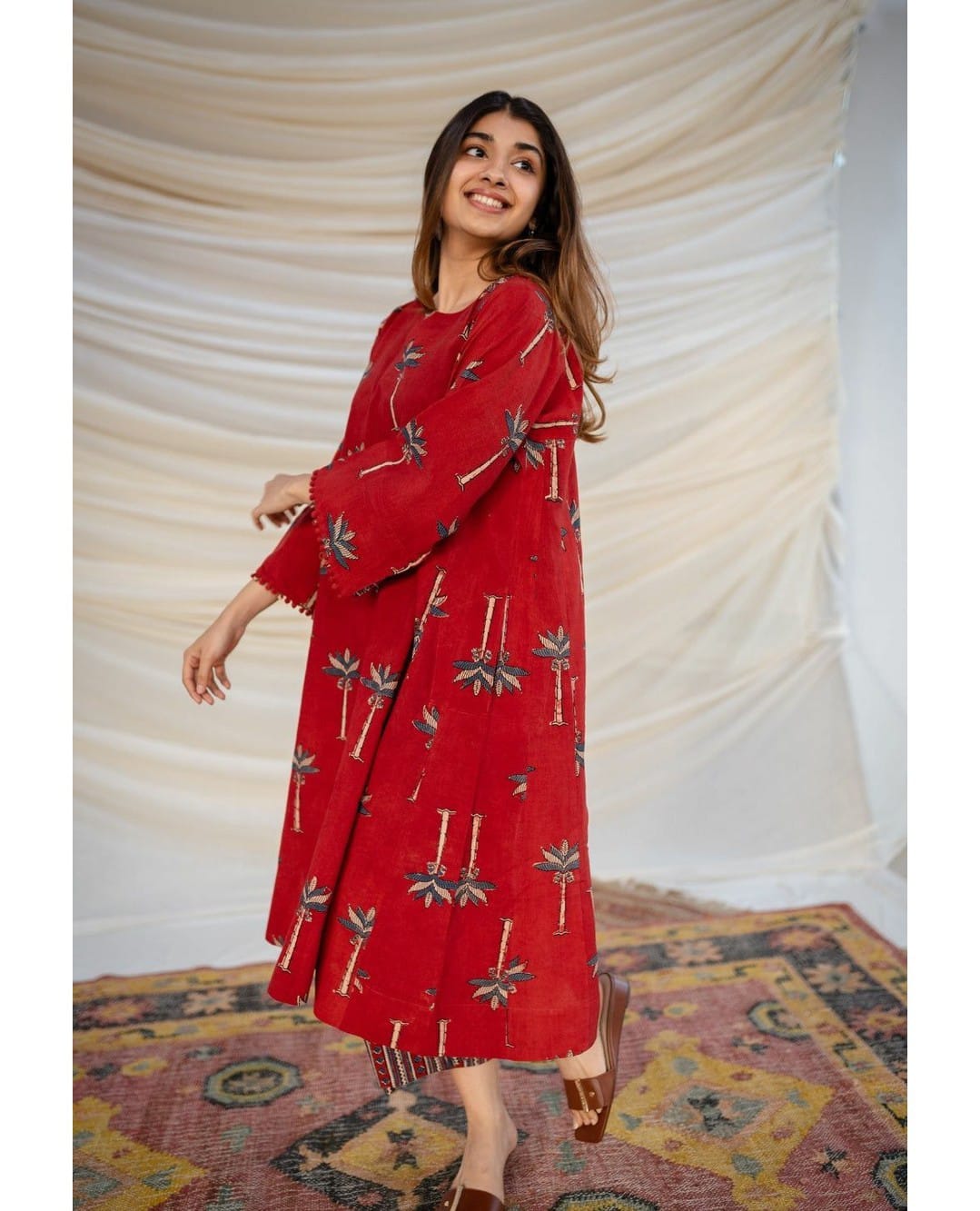 Red Pure Cotton New Printed Kurta Pant Set
