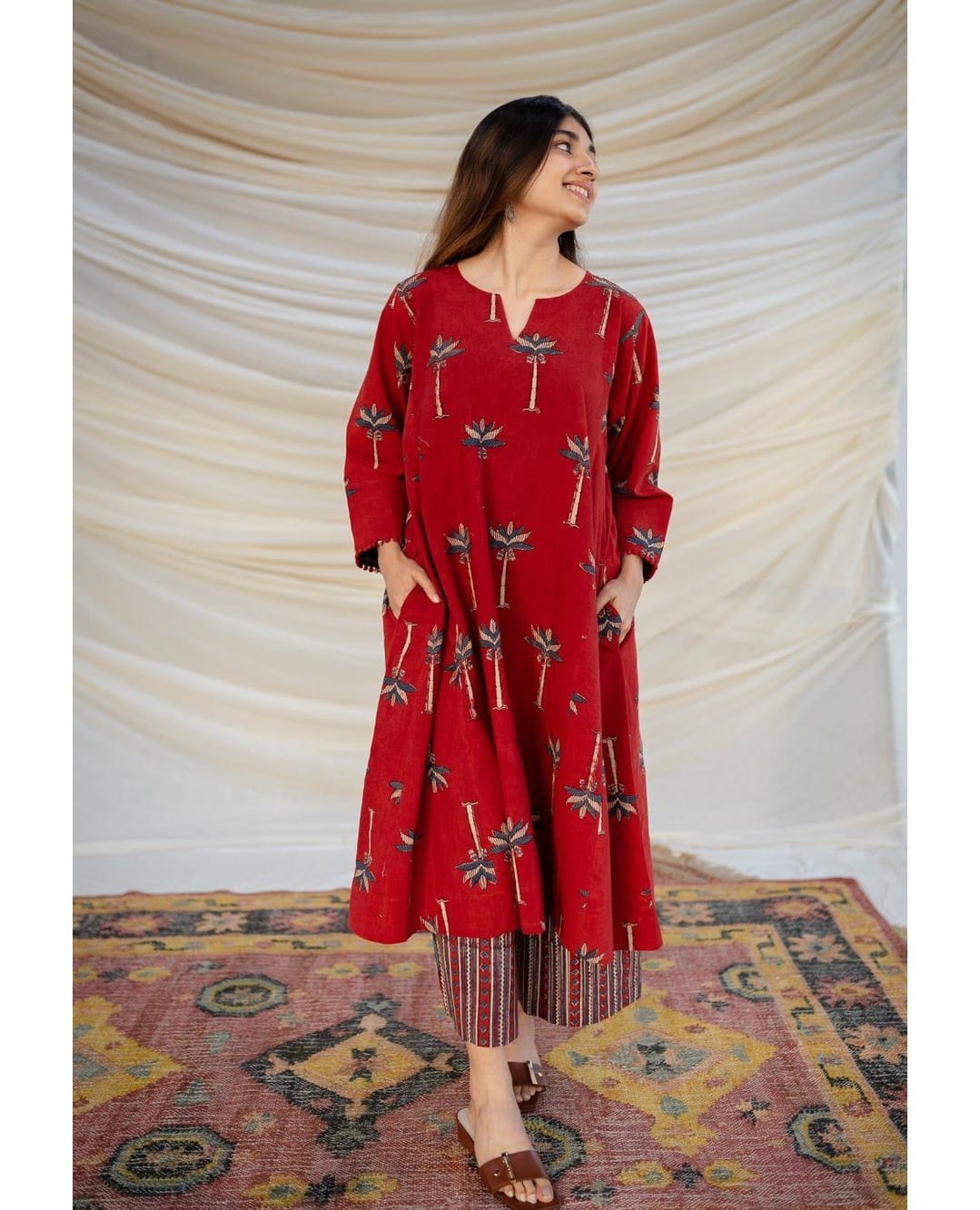 Red Pure Cotton New Printed Kurta Pant Set