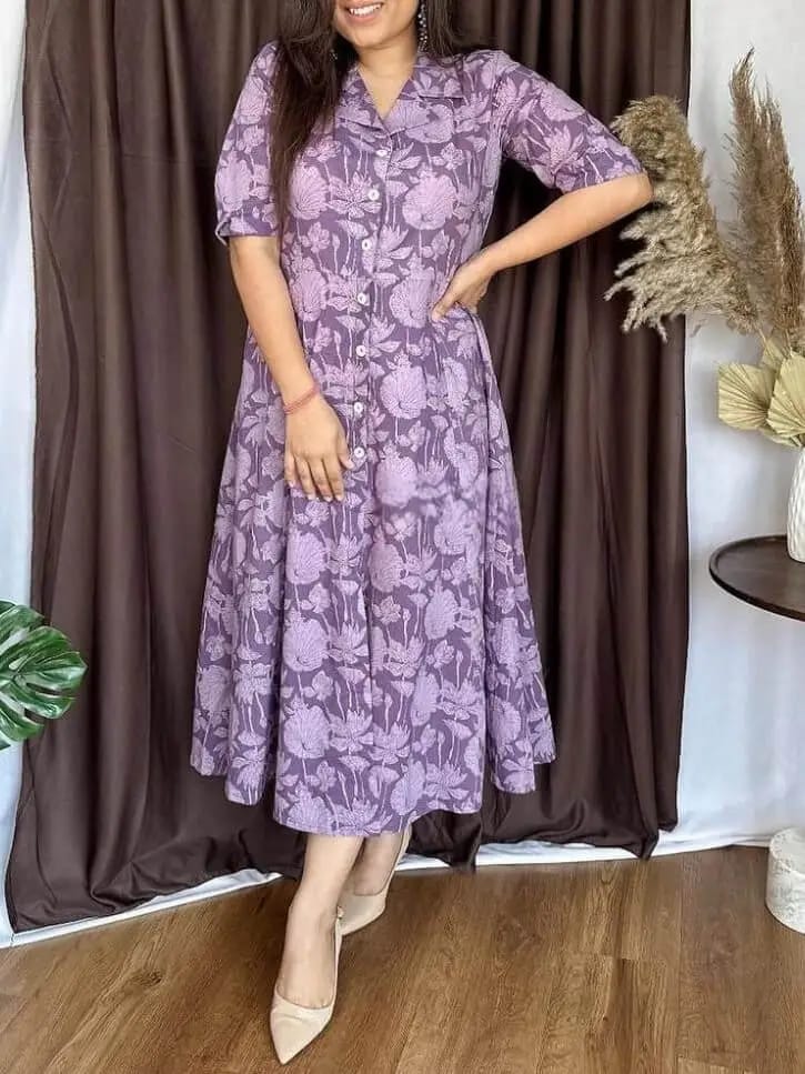 Cotton New Designer Special Flower Print Dress Purple