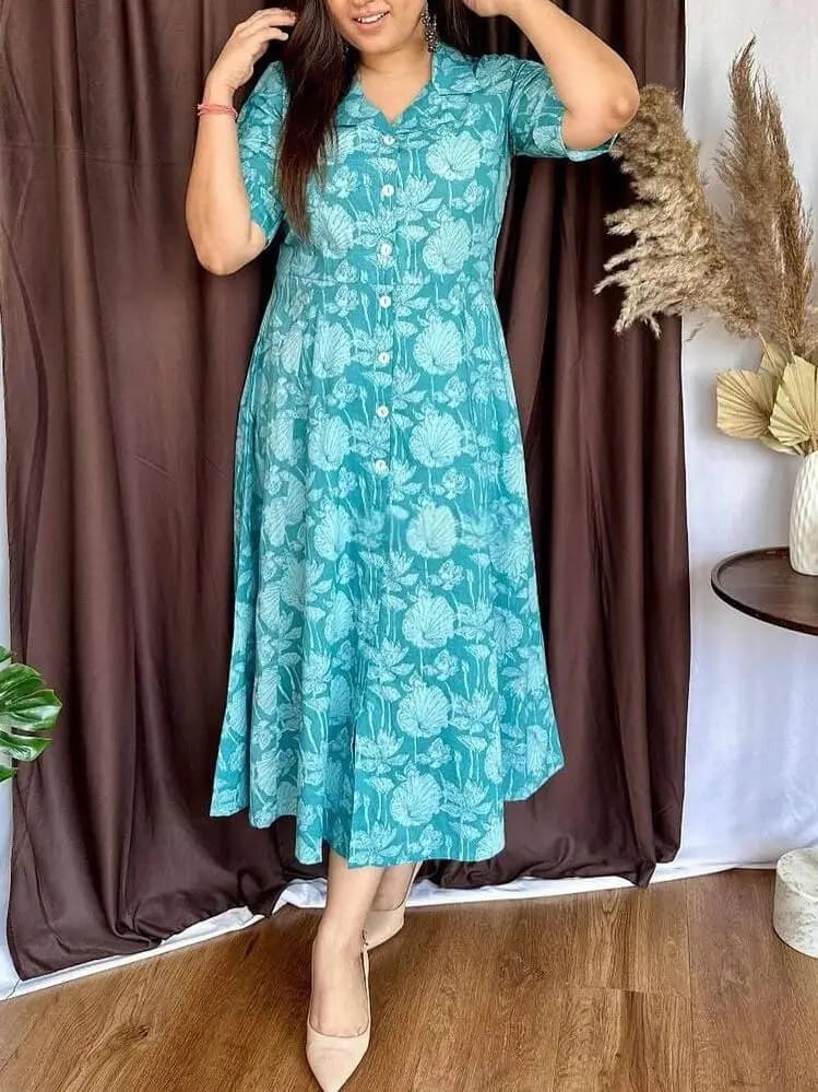 Cotton New Designer Special Flower Print Dress Green