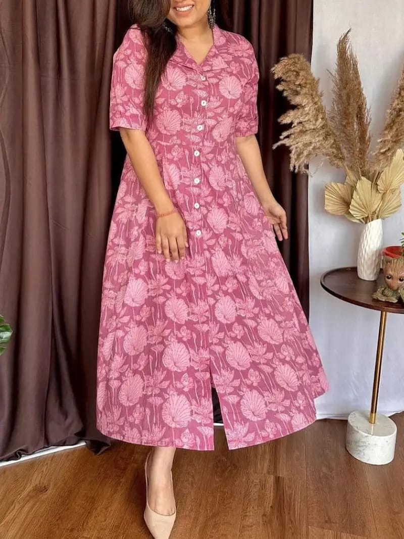Cotton New Designer Special Flower Print Dress Pink