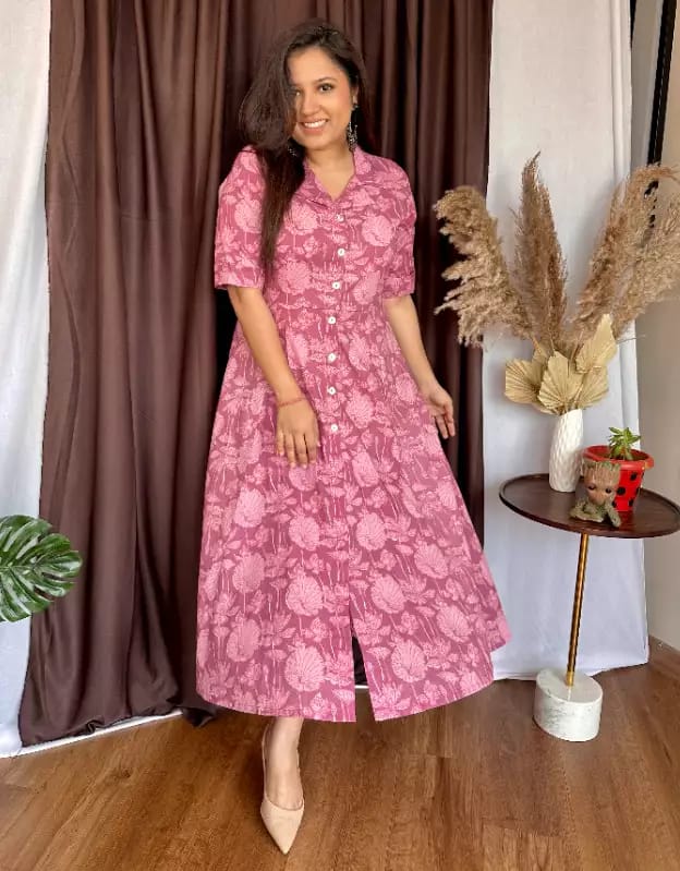 Cotton New Designer Special Flower Print Dress Pink
