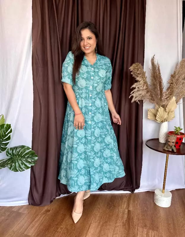 Cotton New Designer Special Flower Print Dress Green