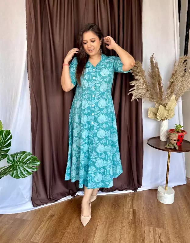 Cotton New Designer Special Flower Print Dress Green