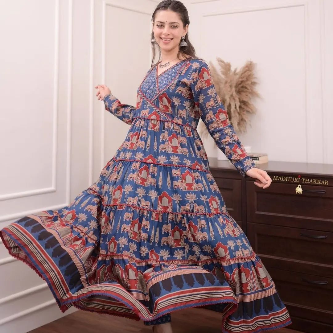Pure Cotton Anarkali Kurta Pant And Dupatta Set Blue