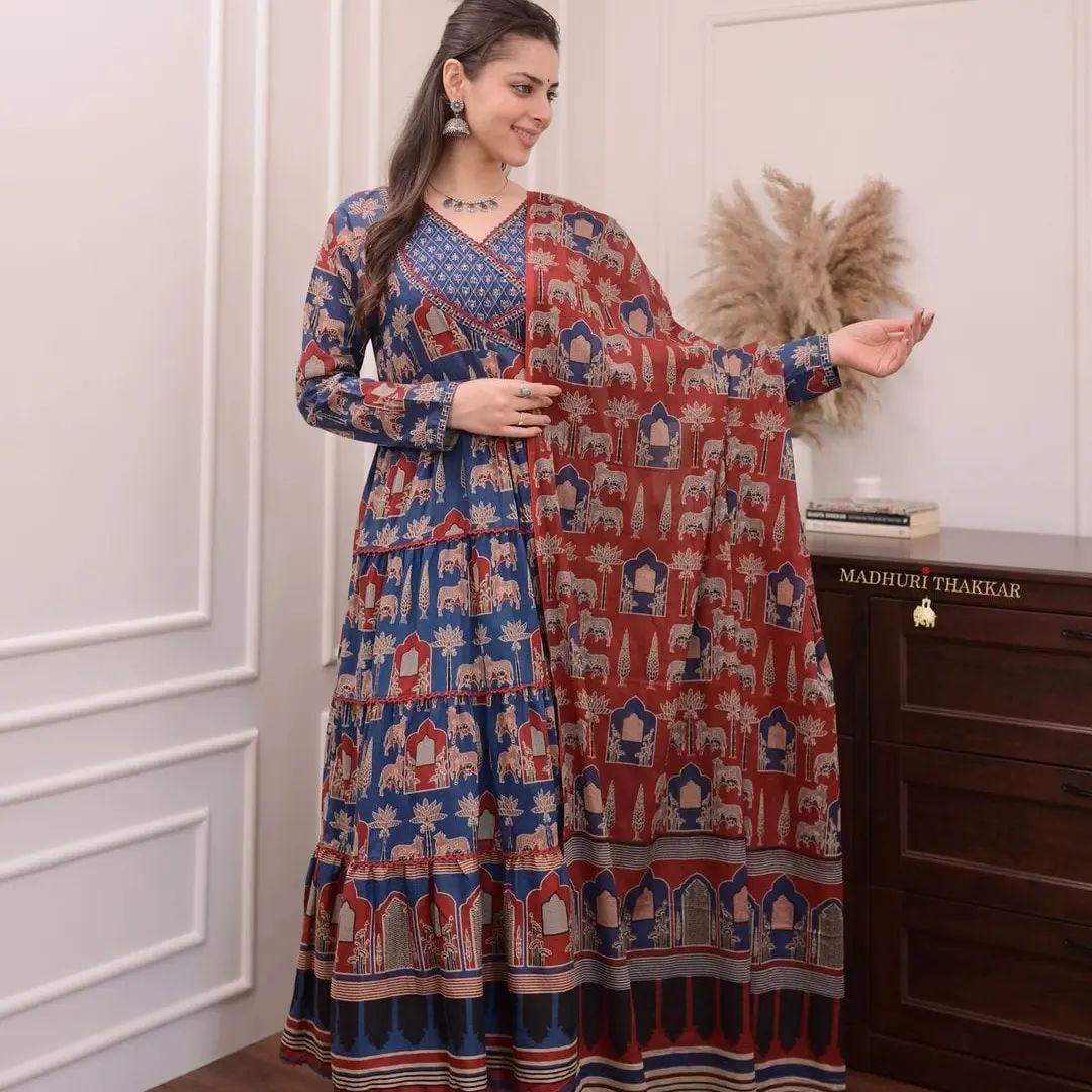 Pure Cotton Anarkali Kurta Pant And Dupatta Set Blue