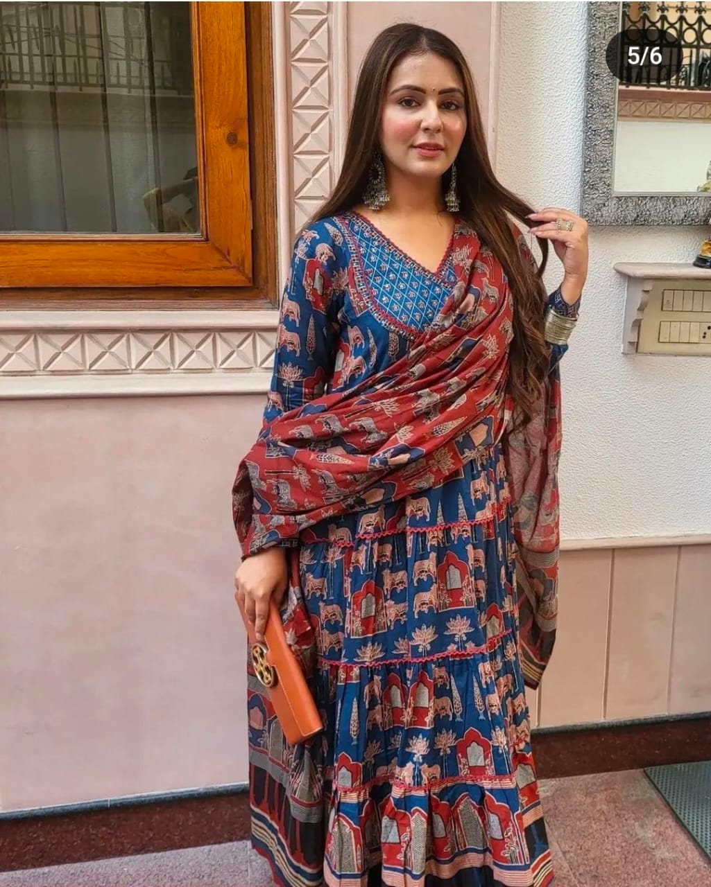 Pure Cotton Anarkali Kurta Pant And Dupatta Set Blue