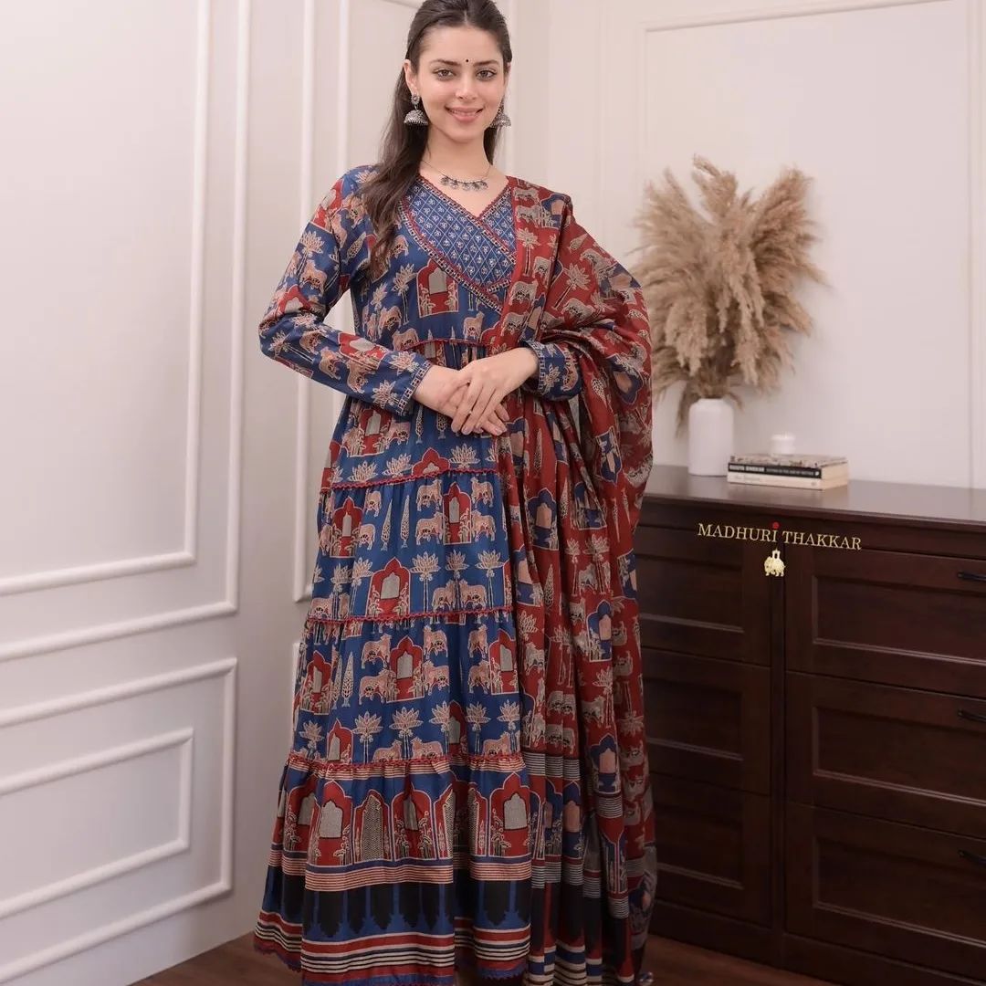 Pure Cotton Anarkali Kurta Pant And Dupatta Set Blue