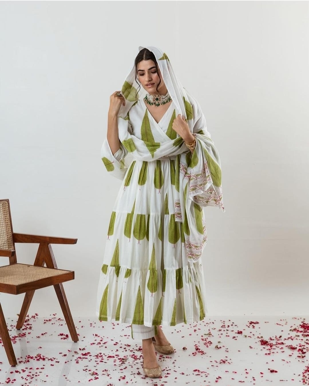 Pure Cotton New Stylish Anarkali Kurta Pant With Dupatta Set Tilak Green