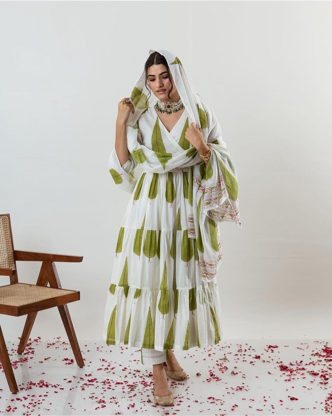 Pure Cotton New Stylish Anarkali Kurta Pant With Dupatta Set Tilak Green