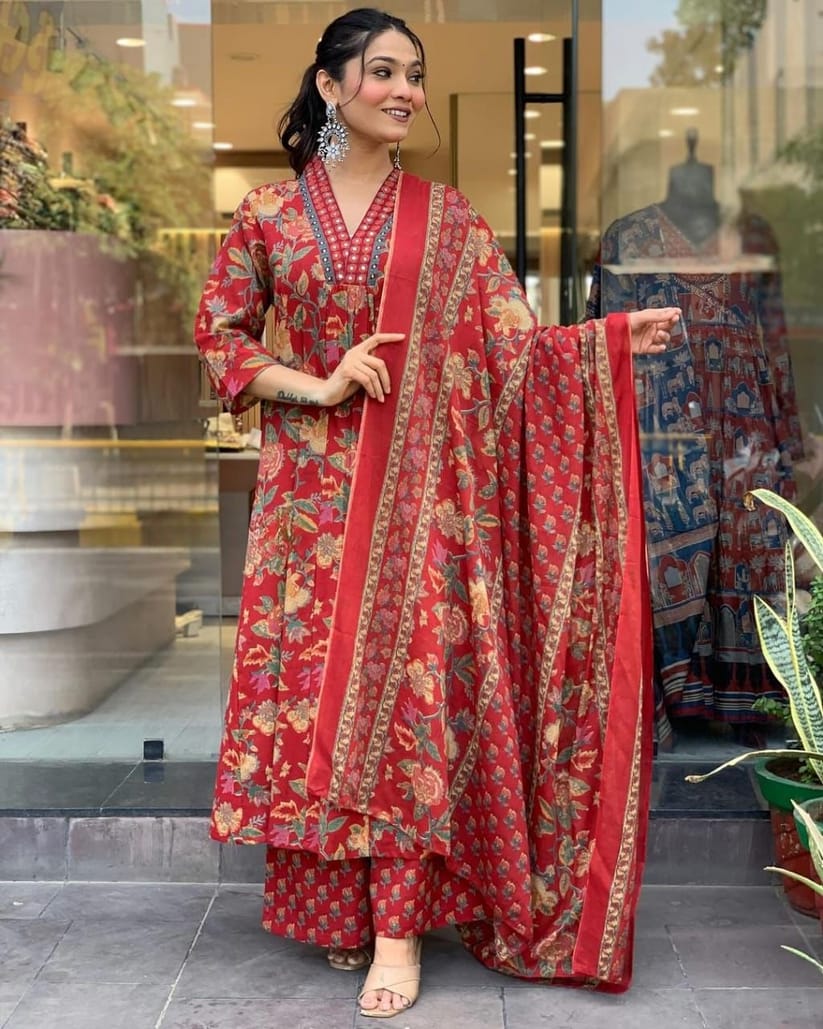 Cotton New Designer Kurta Pant And Dupatta Set Red