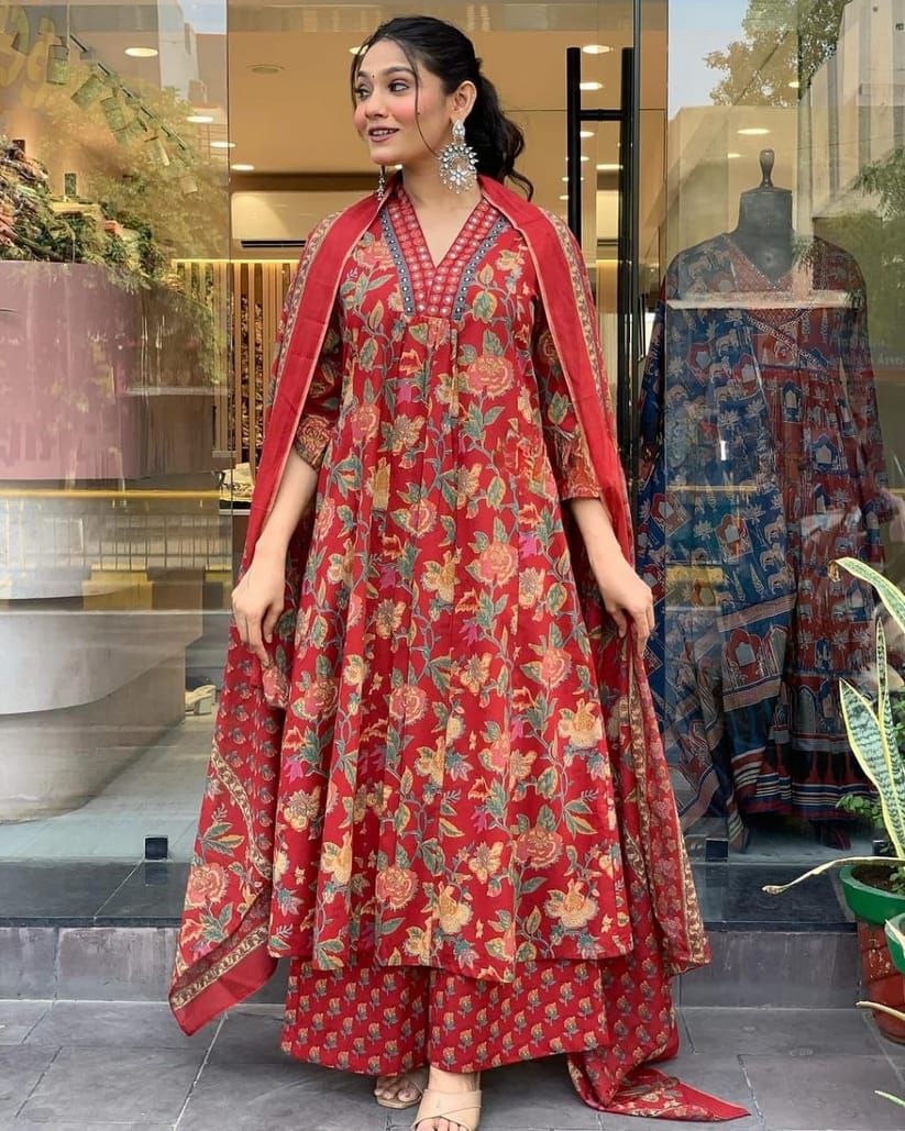 Cotton New Designer Kurta Pant And Dupatta Set Red