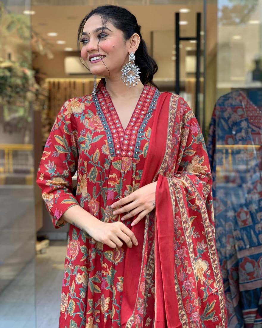 Cotton New Designer Kurta Pant And Dupatta Set Red