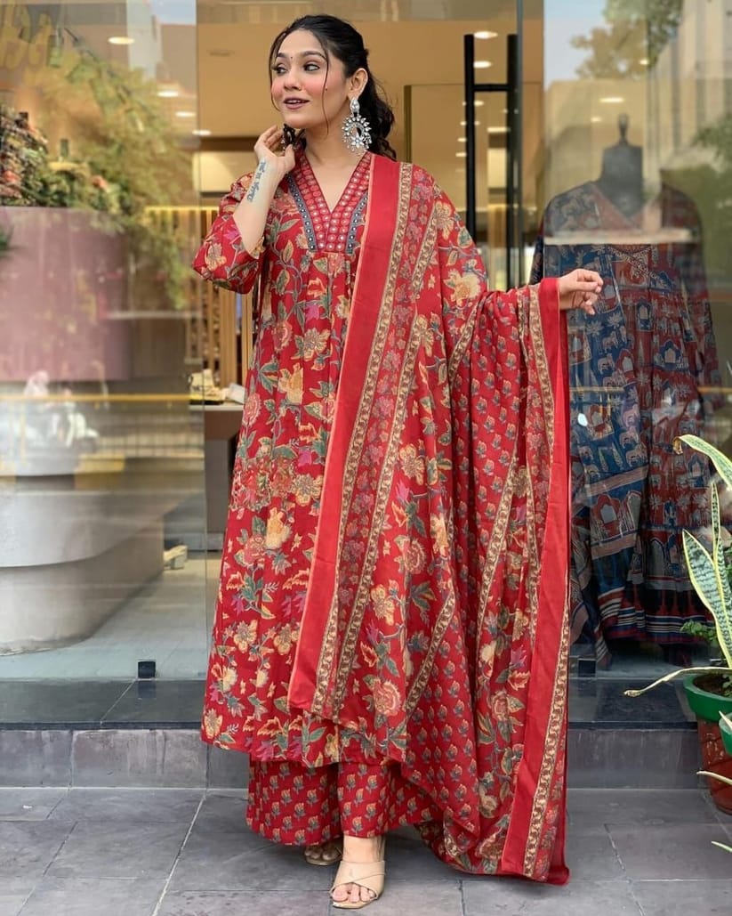 Cotton New Designer Kurta Pant And Dupatta Set Red