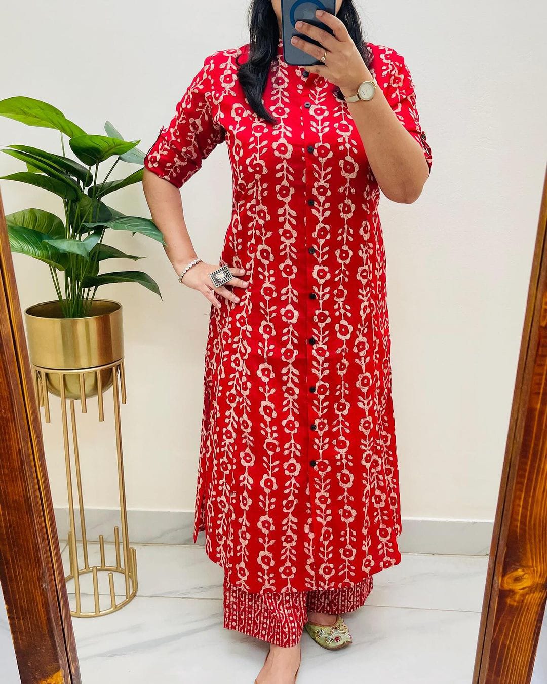 Pure Cotton New Printed Kurta Pant Set Red