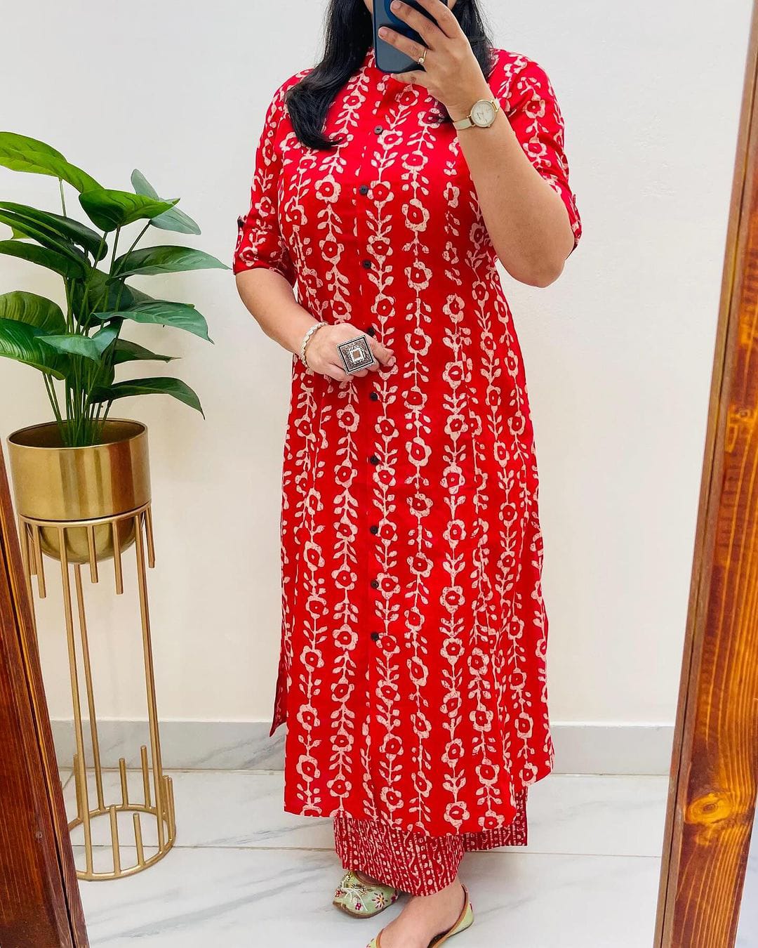 Pure Cotton New Printed Kurta Pant Set Red