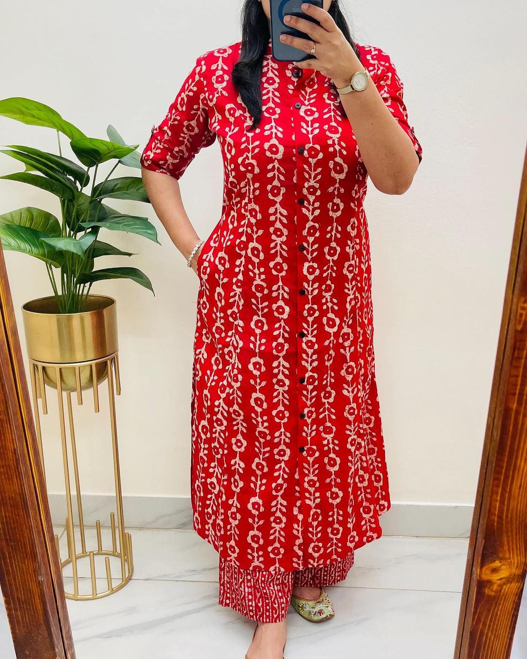 Pure Cotton New Printed Kurta Pant Set Red