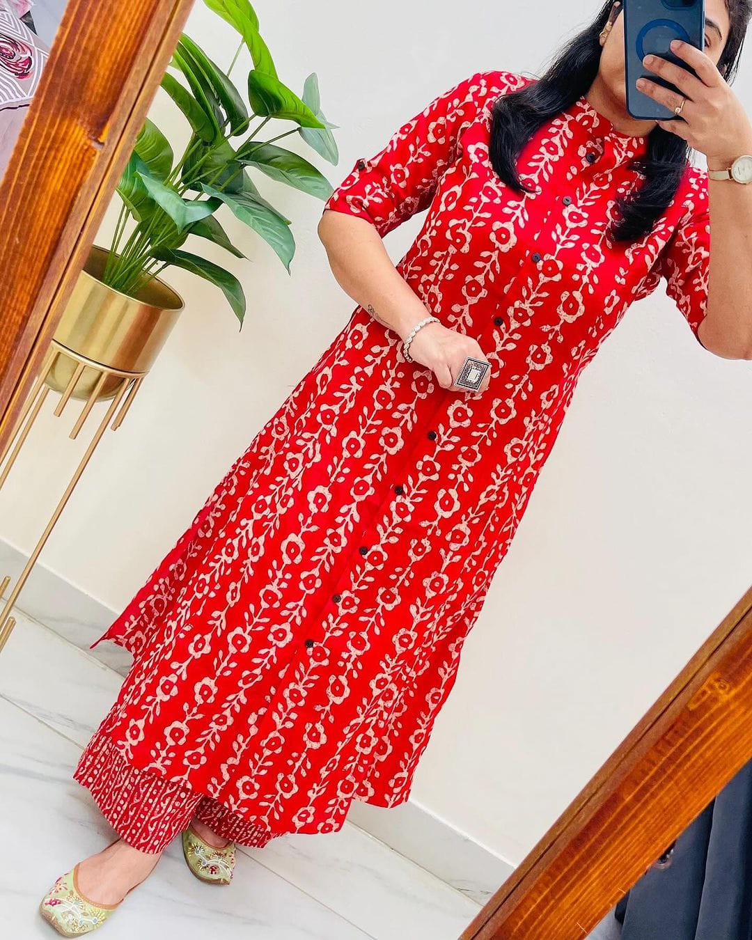 Pure Cotton New Printed Kurta Pant Set Red