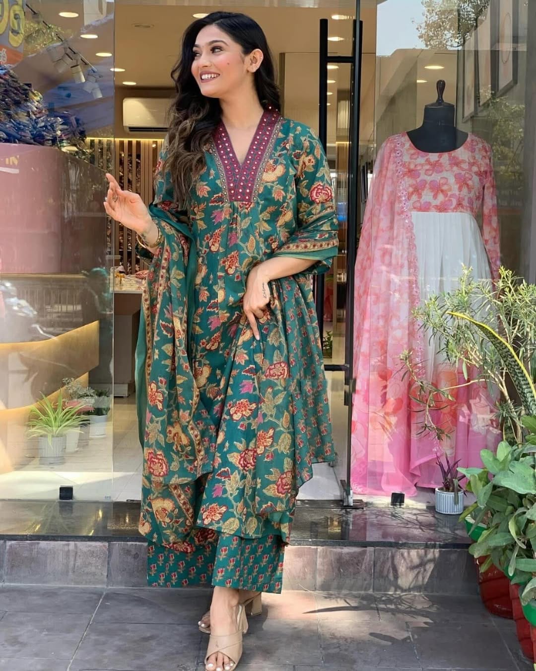 Cotton New Designer Kurta Pant And Dupatta Set Green