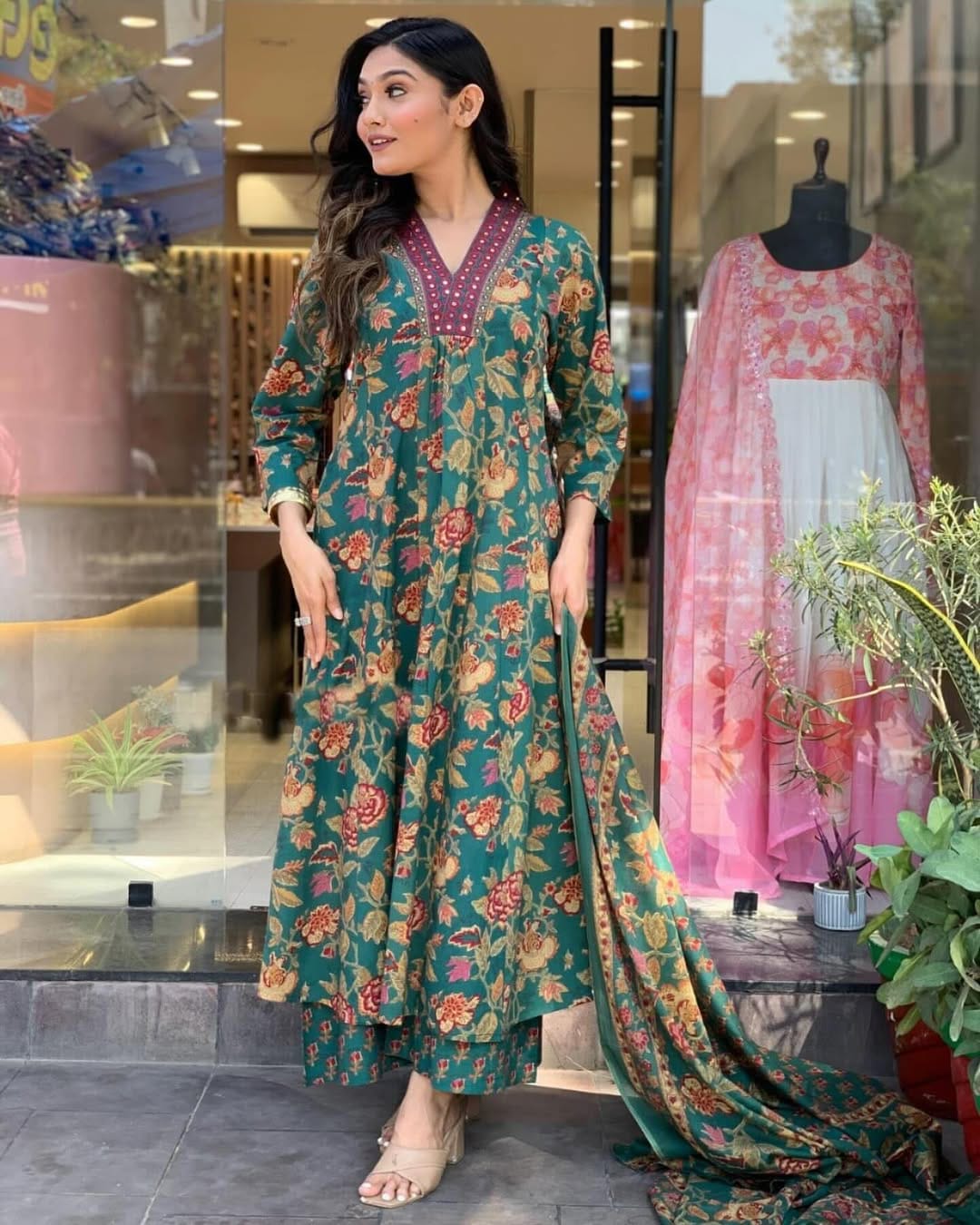 Cotton New Designer Kurta Pant And Dupatta Set Green
