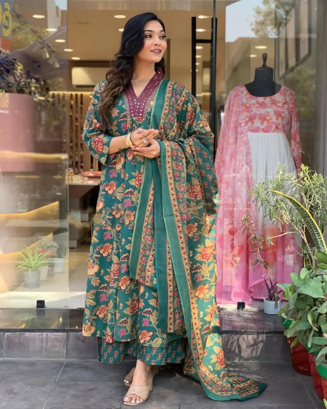 Cotton New Designer Kurta Pant And Dupatta Set Green