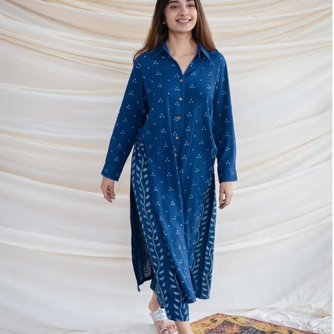 Pure Cotton New Printed Kurta Pant Set Blue