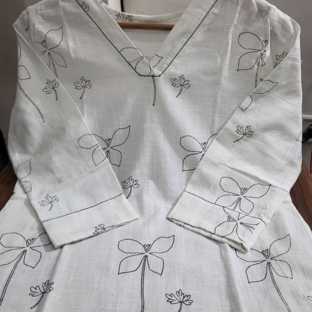 White Pure Cotton Slub Printed Kurta Pant Set