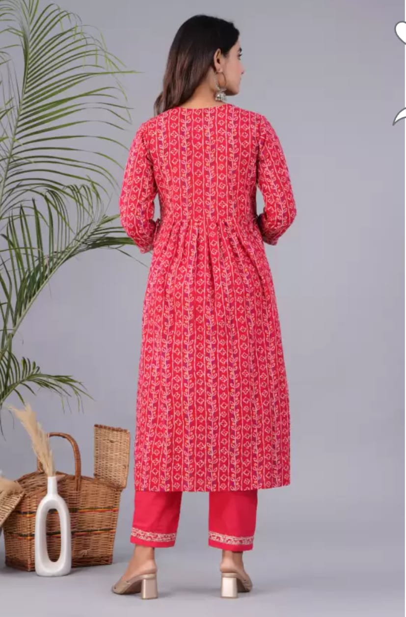 Red Cotton Naira cut Embroidery Kurta With Dupatta Set