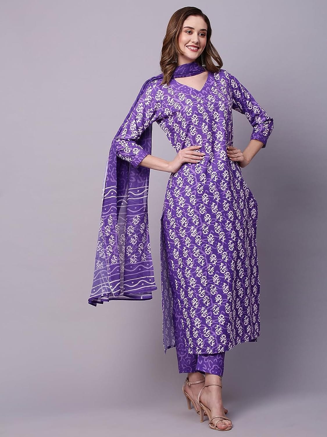 Cotton Printed Dabu Print Kurta Pant Dupatta Set Purple